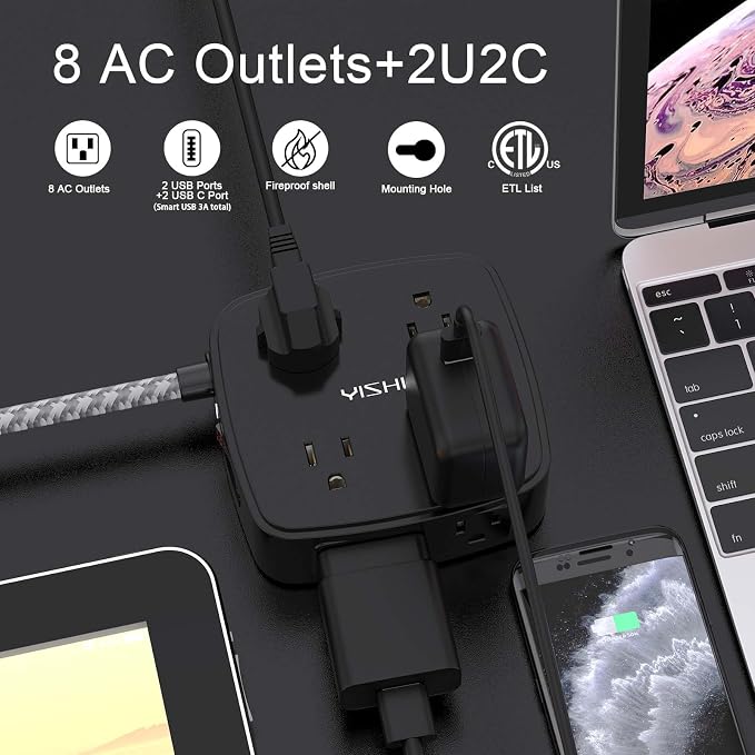 Surge Protector Power Strip - YISHU 8 Outlets with 4 USB (2 USB C) Charging Ports, 6Ft Braided Extension Cord, Flat Plug Multi Plug Outlet Extender Charging Station for Home Office, ETL, Black - Image 2