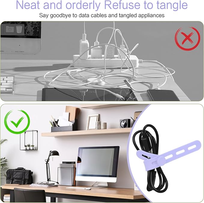 Donruby 24Pcs Silicone Cable Ties, Reusable Cord Organizer Straps, Purple | Adjustable, Multipurpose, 5.12" High-Elasticity Cord Wraps for Bundling Electronics, Home Office Travel Essentials - Image 7