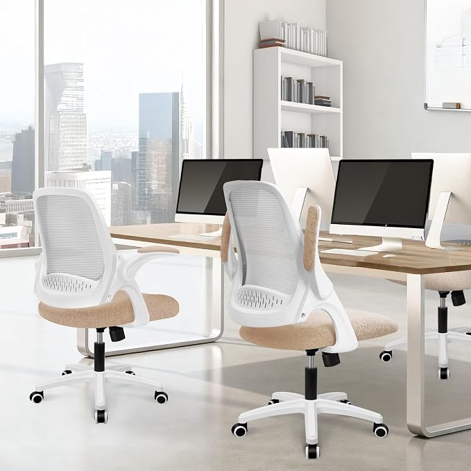 NEO CHAIR Office Desk Chair, Ergonomic Mesh with Flip-Up Armrests, Beige | Lumbar Support, Height Adjustment, 360° Swivel and Rolling Base, Space-Saving Design for Home Office, Vanity or Study - Image 8
