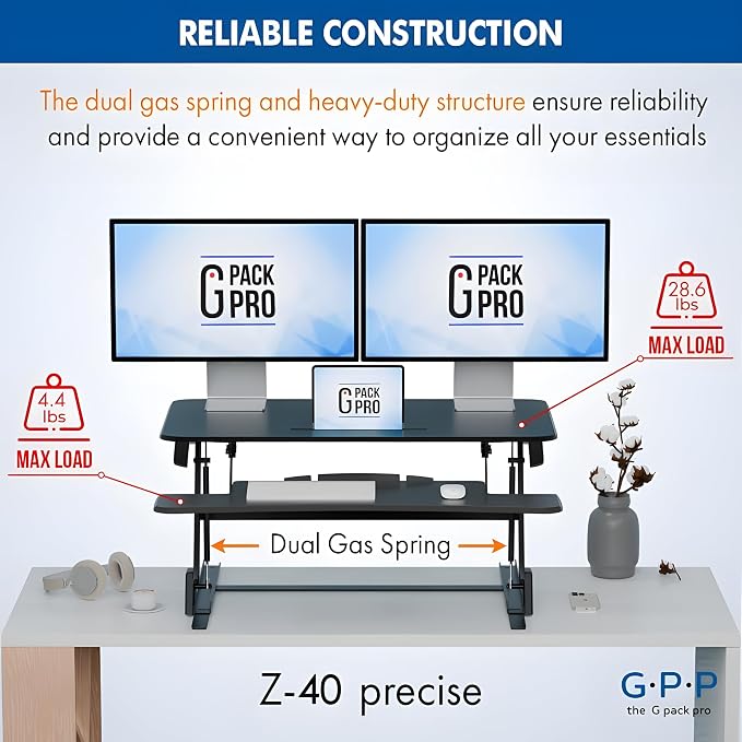 Standing Desk Converter 40 Inch, Height Adjustable to 17.3 Inches | Dual Monitor Work Surface With Keyboard Tray, Steel Frame, and Smooth Manual Lift for Home Office Setups - Image 6