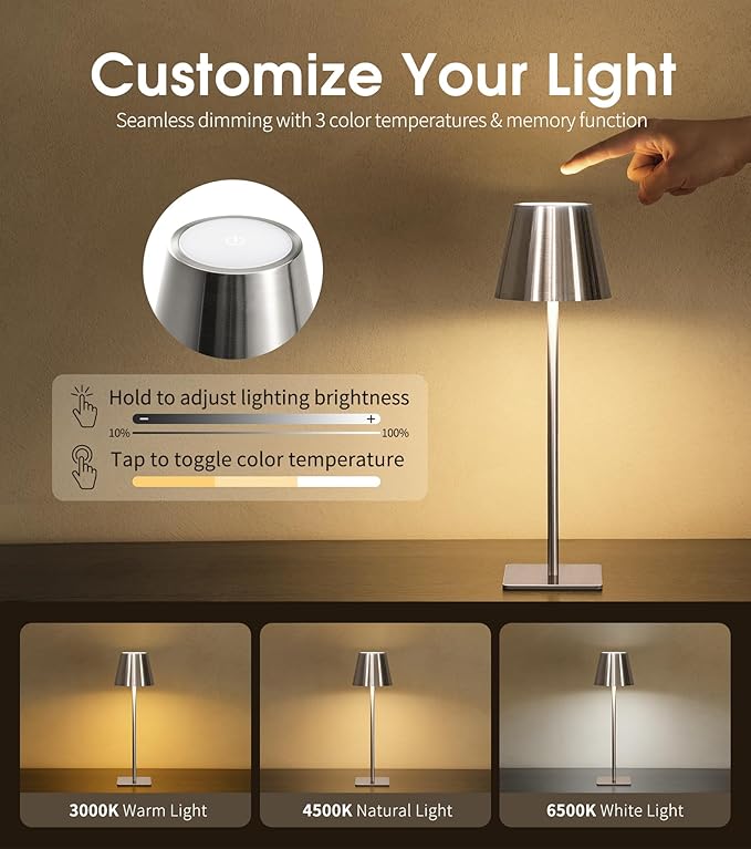 UME 3 Pack Cordless Table Lamp, Battery Operated Lamp - Portable Waterproof Rechargeable Table Lamp w/ 3 Color Temps & Stepless Dimming for Dinner, Desk, Cafe, Outdoor (Brushed Silver) - Image 3