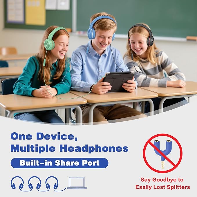 SIMOLIO Manyshare Series- Kids Wired Headphones with Microphone, Share Port & Volume Limit, Stereo Corded Headphone Girls, Boys, 3.5mm PC Headset Teens for Tablets Chromebook Laptop Travel (Green) - Image 2