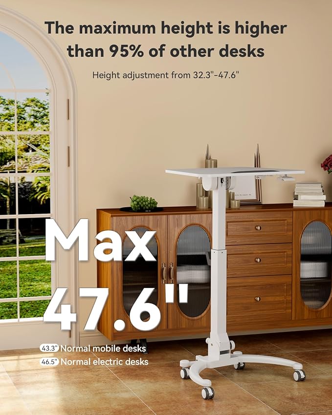 JOY worker Foldable Standing Desk on Wheels, Mobile Adjustable Laptop Desk | Max Height 47.6", 90° Tiltable Board & Base, Portable Height Adjustable Workstation with Lockable Casters, Holds 22lbs, White - Image 6
