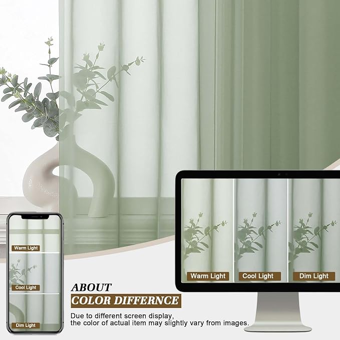 Sage Green Sheer Curtains 84 Inches Long 2 Panels 52" W for Bedroom | Sheer White Curtains for Living Room, Elegant Airy Light Filtering Window Treatments, Rod Pocket, Each Panel 52" W x 84" L - Image 7