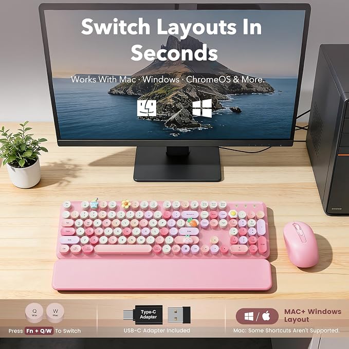 Wireless Keyboard and Mouse Combo, Cute Retro Typewriter Keyboard with Round Keycaps and Magnetic Wrist Rest, Full-Size 2.4GHz Cordless for Mac, Windows PC, Laptop, SABLUTE CK23, Pink Multi-Color | Full-Size Typewriter-Style Keyboard, Tilt Legs, 2.4GHz... - Image 9