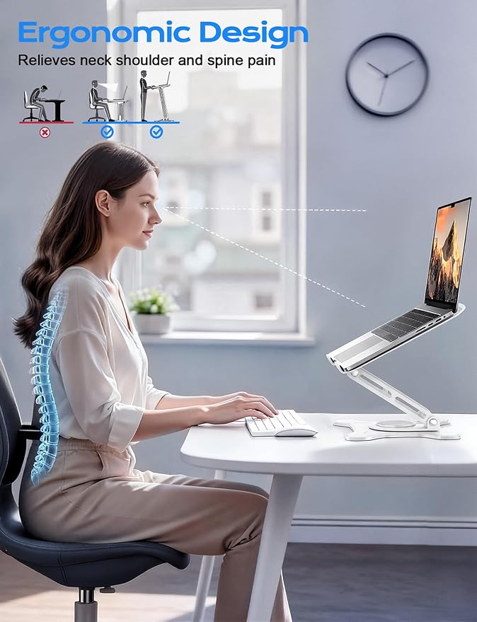 JCZT 360° Rotating Laptop Stand for Desk, Metal Foldable Laptop Riser White | Ergonomic Portable Adjustable Laptop Stand, Ventilated Cooling Notebook Holder for MacBook Air Pro, All 10-16'' Laptops - Image 3