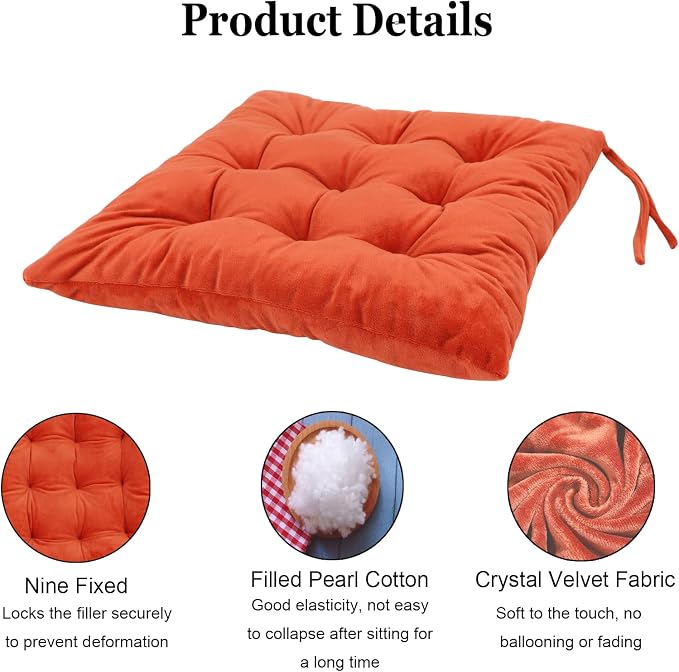 Set of 4 Square Chair Pads Indoor Seat Cushions Pillows with Ties Soft Comfortable Non Slip Chair Mat for Kitchen Dining Office Desk Living Room Outdoor Tatami 15.5" - Orange - Image 3