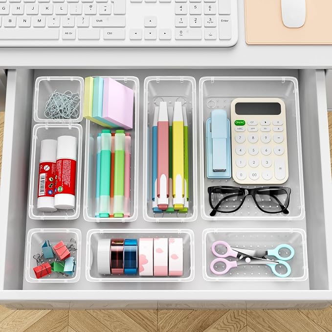 24 PCS Drawer Organizer Set, Makeup Organizers, Tool Storage Trays | 4 Sizes, Plastic, Stackable, Multiple Gadgets, Desk Drawer Divider Organizers, for Makeup, Office Supplies Storage - Image 5