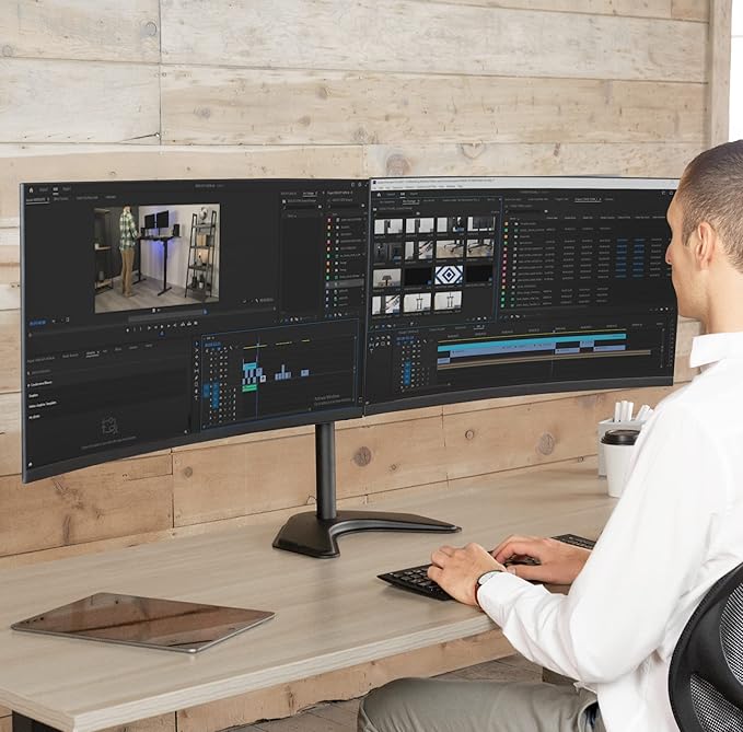 VIVO Dual LED LCD Monitor Mount, Free-Standing Desk Stand for 2 Screens up to 32 Inch, Heavy-Duty Fully Adjustable Arms with Max VESA 100x100mm, Black, STAND-V032F - Image 2