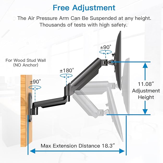 HUANUO Single Monitor Wall Mount for 13 to 32 Inch Computer Screen, Gaming Monitor Wall Mount Arm Holds up to 17.6lbs, Height Adjustable Full Motion Wall Monitor Mount-VESA Mount 75x75,100x100 - Image 2