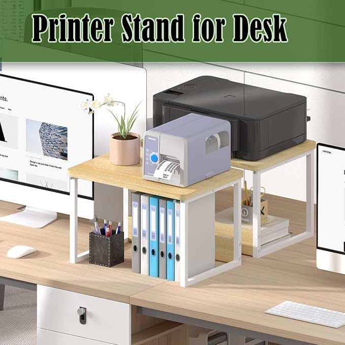 MARTY Desktop Printer Stand 2 Pack Printer Shelf for Desk Home/Office,Maple | Small Printer Stand for Desk, Printer Riser with Storage, Monitor Riser, Under Desk Small Table for Fax Machine Scanner - Image 3