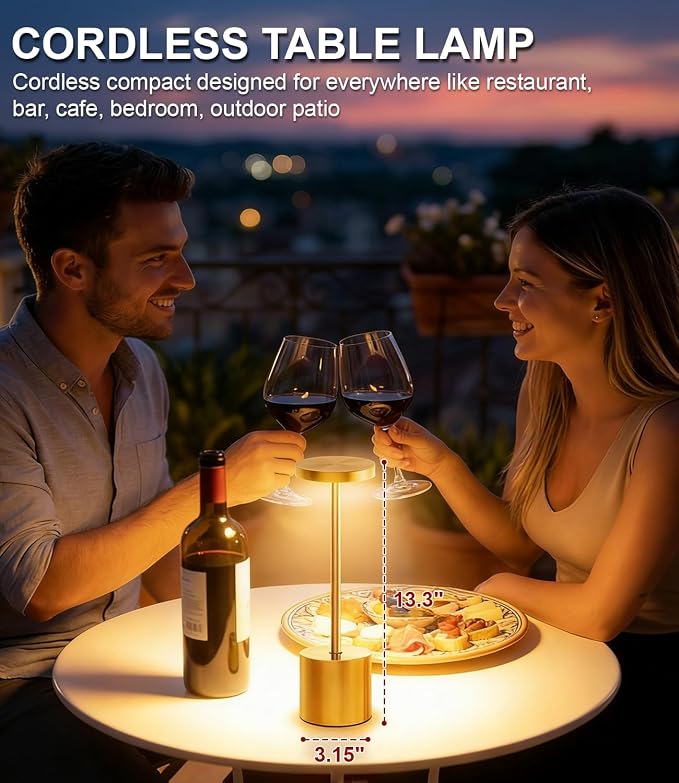 Swinerton Cordless Table Lamp Set of 2, Gold 5000mAh Rechargeable Battery Operated Lamps, Wireless 3 Color Dimmable Touch Lamp Table Light for Restaurant Dining Patio Outdoor, Home Decor - Image 2