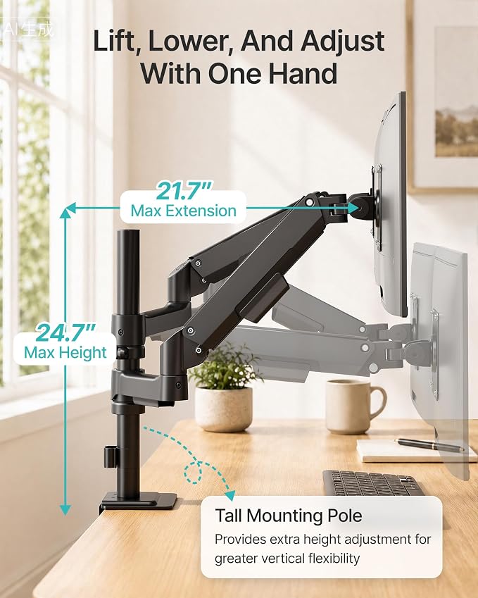 Dual Monitor Stand for 17-32 Inch Screens, Gas Spring Arms | Full Motion Mount with Cable Management, Support up to 19.8 lbs，Computer Monitor Arm with Clamp/Grommet Base - Image 7