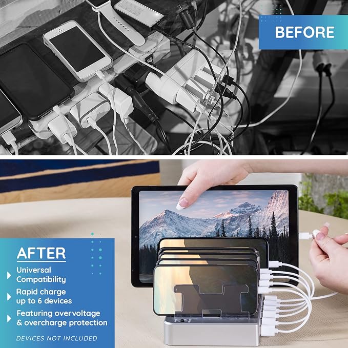 Fast Charging Station for Multiple Devices, 6-Port USB Charging Dock Silver | Smart IC Technology for Safe Charging, Organized storage, Works with Apple iPhone 14 and earlier & iPads, for home, office - Image 2