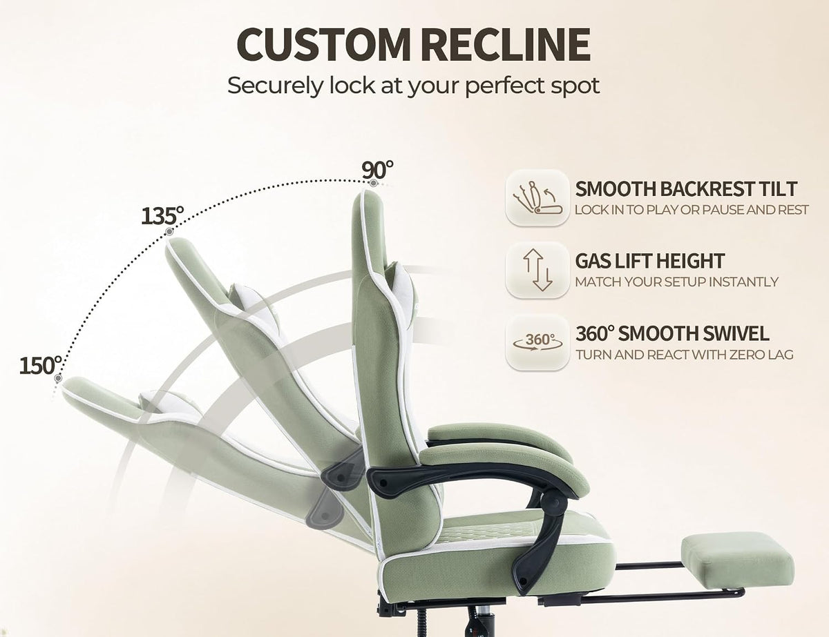 Office Desk Computer Gaming Chair for Adults, Ergonomic High Back Gamer Chair with Massage and Pocket Spring Cushion, Swivel Comfy Video Game Chairs with Footrest and Lumbar Support (Green White) - Image 6