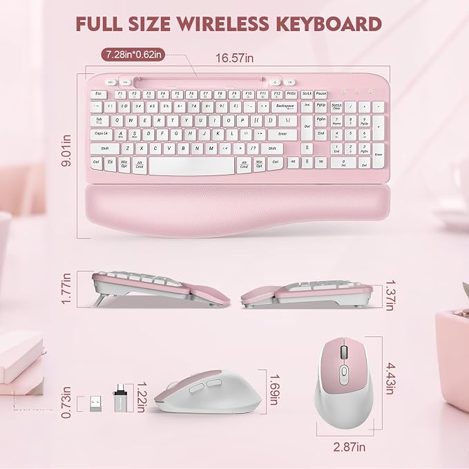 Wireless Keyboard and Mouse Combo, Full-Sized Ergonomic Wave Keys Keyboard with Memory Foam Wrist Rest & Phone Holder, 2.4G Quiet Keyboard Mouse Work Setup for PC Laptop, Office or Home (Pink) - Image 3