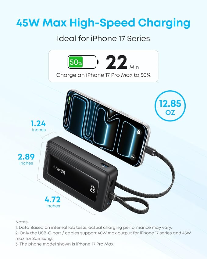Anker Power Bank,20,000mAh 45W Portable Charger,Dual Built-in USB-C Cables | 20,000mAh Battery Pack with Dual Built-In Cables, USB-C and USB-A Ports, for iPhone 17 / 16 Series, Galaxy, MacBook, and More - Image 4
