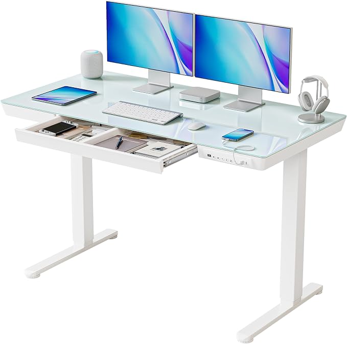 BANTI Electric Standing Desk with Drawers, 48 inch Whole-Piece Glass Desktop, Height Adjustable Stand up Sit Stand Home Office Ergonomic Workstation, White Tabletop by Bantifurniture