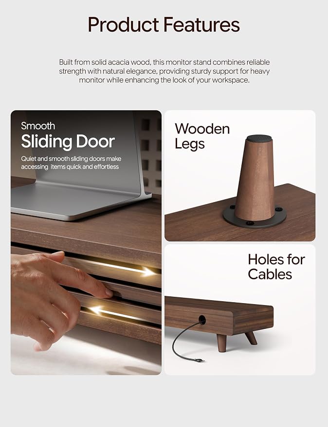 Tinamo 24" Wooden Monitor Stand Riser with Storage Organizer, Walnut Color | Acacia Wood, Sliding Door, Cable Management, Fits up to 32" Monitors, Multi-purpose Storage, Used for Computer, Laptop, TV - Image 3