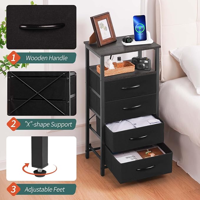 Yoobure Night Stand - LED Nightstand with Charging Station, Bedside Table with 4 Fabric Storage Drawers and Storage Shelf, End Table with USB Ports and Outlets, Tall Nightstand for Bedroom - Image 7