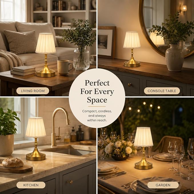 Gold Small Cordless Table Lamp Rechargeable,Mini Lamp - Kitchen Countertop | Battery Operated｜Touch Lamp｜Portable｜Restaurant Table｜Bookshelf | Counter Top ｜Wireless ｜Vintage｜Home Decor｜Farmhouse Boho - Image 7