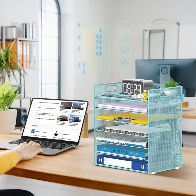 7 Tier Paper Organizer for Desk with Letter Trays & Handle Blue | Desk File Organizer with Handle for Sorting Papers, Files, Folders, Mail, Bills and Office Supplies - Image 6