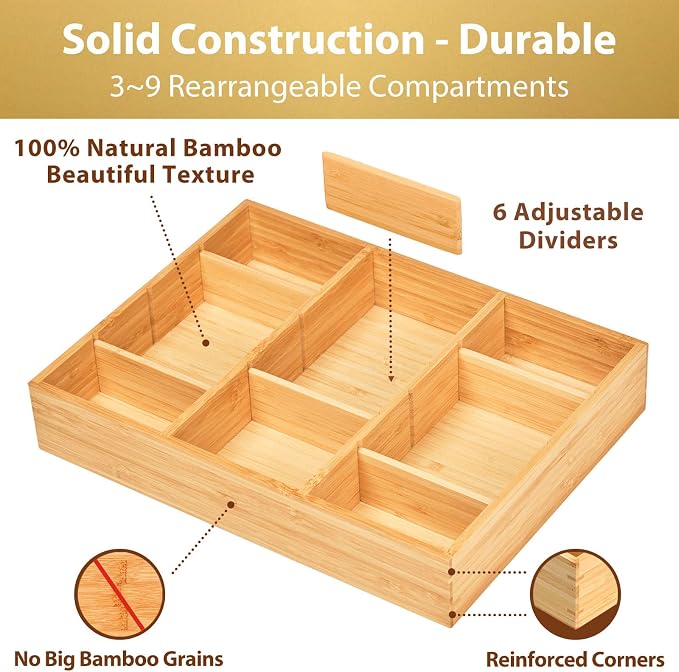 Bamboo Desk Drawer Organizer, Wood Junk Organizer Tray with Adjustable Dividers, Anti-Skip Storage Organization in Office Bathroom Drawer for Vanity, Makeup, 12" x 9" - Image 2