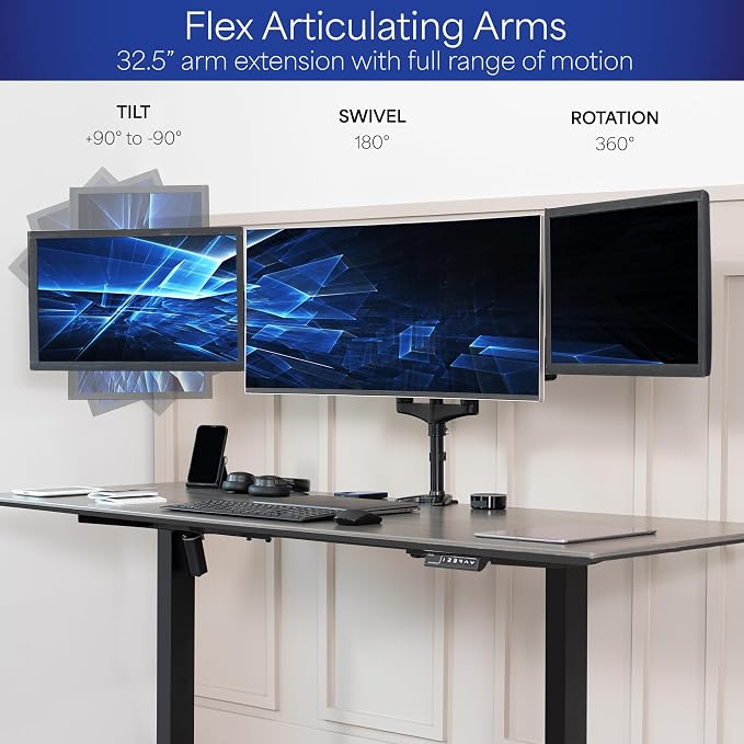 VIVO Triple Pneumatic Monitor Mount for 3 Screens up to 32 inches, Fully Adjustable, Heavy Duty Desk Stand with C-Clamp Grommet, Black, STAND-V300G - Image 3