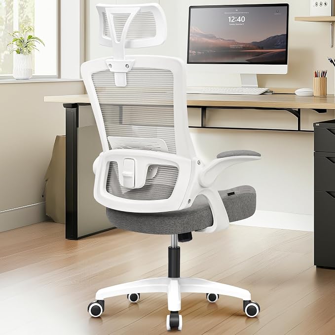 NEO CHAIR Office Desk Chair with Ergonomic High Back Mesh Headrest, Grey | Adjustable Headrest and Lumbar Support with Flip-Up Armrests Designed for Extended Sitting Comfort While Saving Space by NEOCHAIR