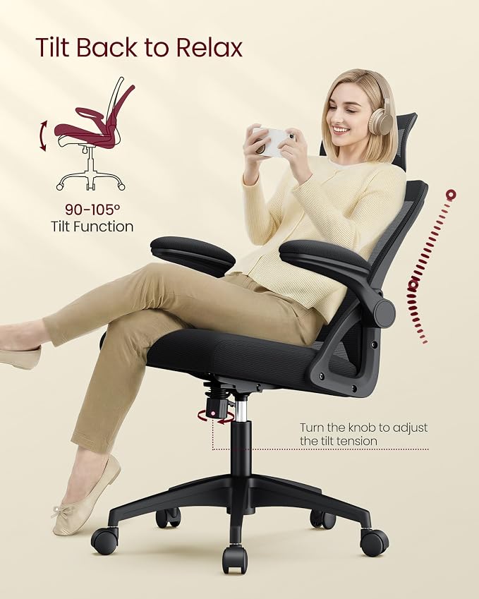 VASAGLE Office Chair, Adjustable Mesh with Lumbar Support and Headrest | Ergonomic desk chair, 90-105° tilt function, wide seat, flip-up armrests, home office, Ink Black UOBN044BH01S - Image 7