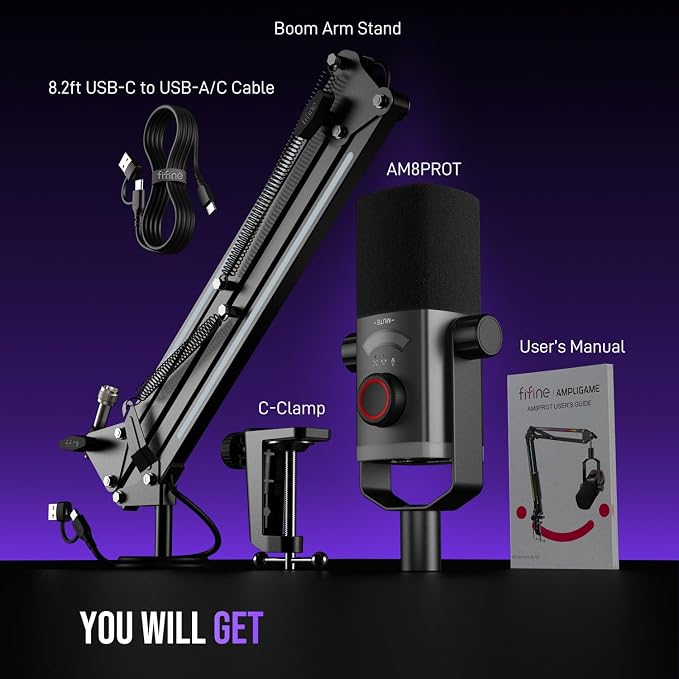 FIFINE AmpliGame AM8PROT Gaming Microphone Kit, XLR/USB Dynamic PC Mic | Streaming Mic Set with Boom Arm, RGB, Tap-to-Mute, Mix Control, Headphone Jack, Volume Knob for Podcast Recording - Image 8
