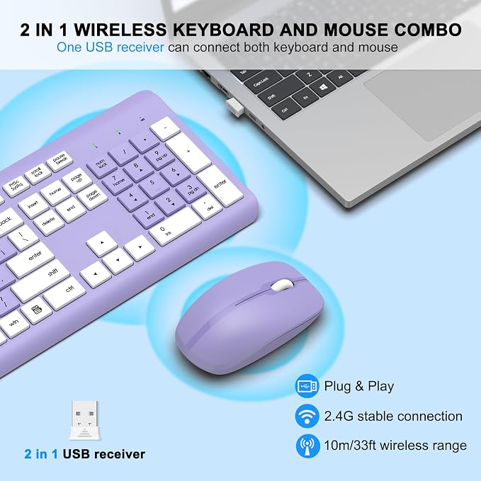 Wireless Keyboard and Mouse Combo, MK258 Full Size Silent Keyboard (Purple) | Silent for Home Office, Optical Mouse, Long Battery Life, 2.4GHz Lag-Free Cordless, for Windows/Mac OS/Desktop/Laptop/PC - Image 2