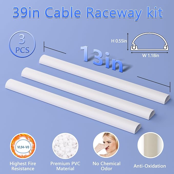 ZhiYo 39in Cord Hider for 2-3 Wall-Mounted TV Wires, 1.2"W x 0.55"H, White | Split-Hinge Design for Easy Installation, Half-Round Glazed Finish Ideal for Wall/Baseboard, Self-Adhesive, 3 Pack (13" Each) - Image 3