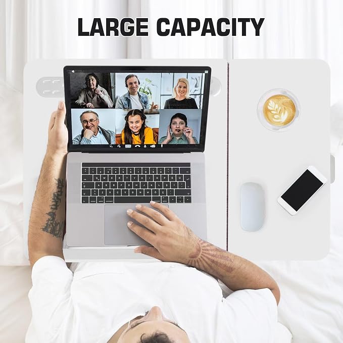 CloudTrip Plus XL Adjustable Laptop Desk with Light, USB Port, iPad Holder, Drawer Storage - Larger 23.6IN Adjustable Lap Desk for Bed, Home Office, Breakfast Tray, Fordable Legs Desk (White) - Image 6