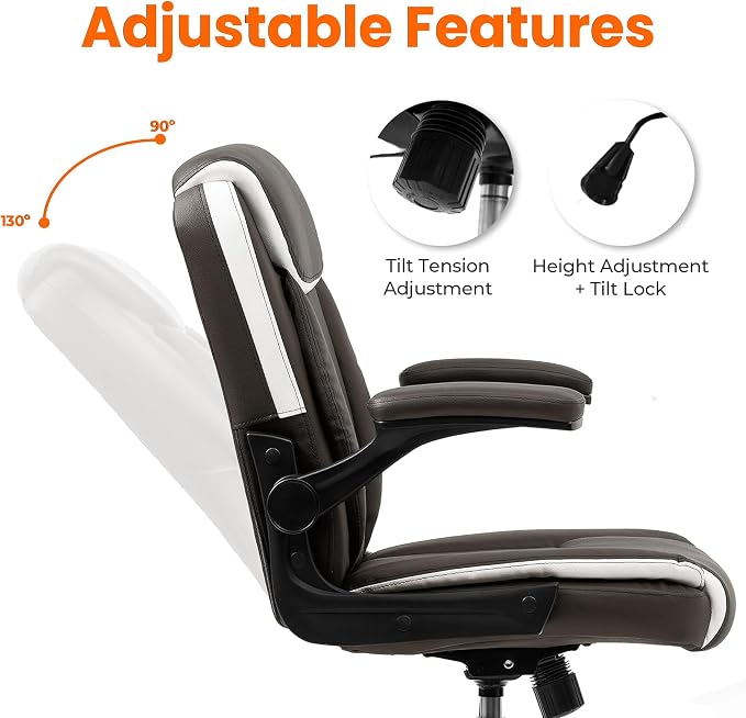 NEO CHAIR PU Leather Office Desk Chair with Adjustable Arms, Brown | Ergonomic Mid Back Computer Desk Chair Comfy with Wheels Swivel Rolling for Home Office Gaming Study - Image 6