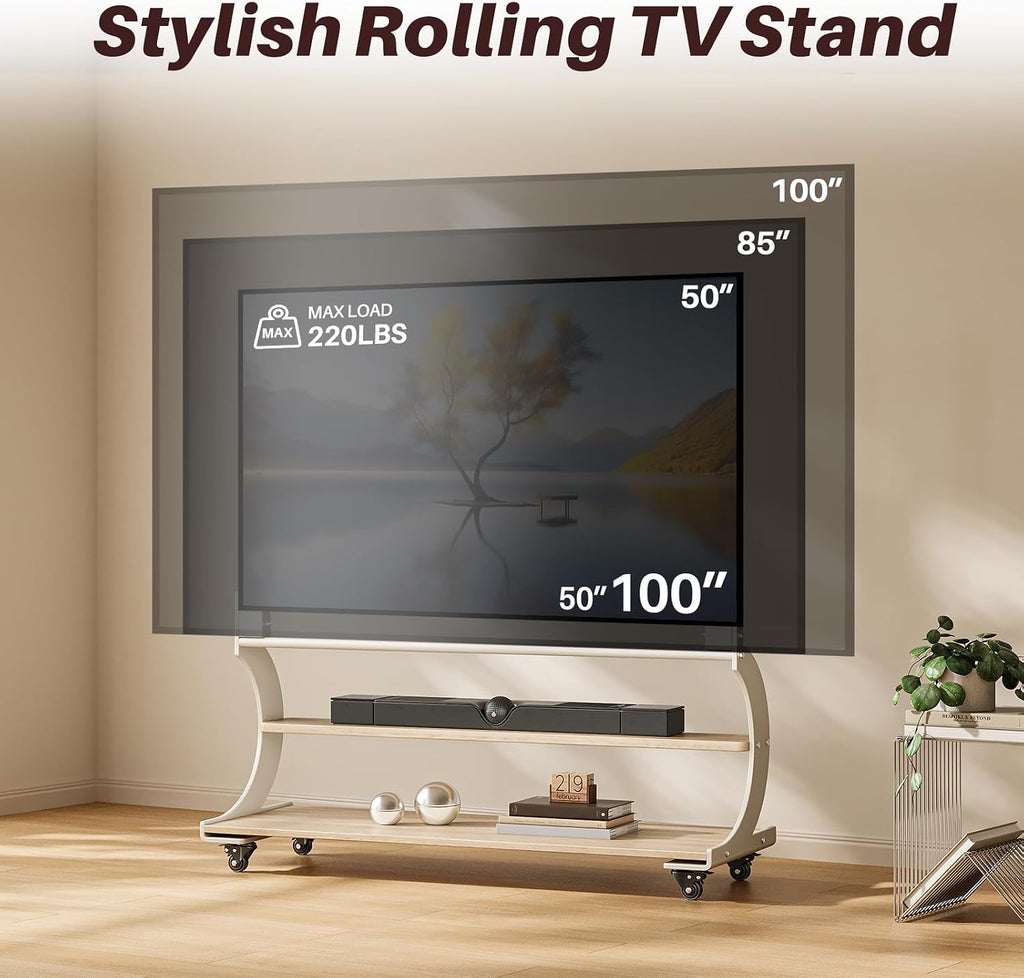 Easel Rolling TV Stand on Wheels for 50-100 Inch TVs with 2-Tier Shelves - Image 3