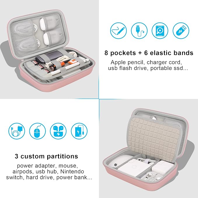 Elonbo Hard Travel Cords Organizer Universal Small Electronic Accessories Carrying Case for Chargers Cable MacBook Adapter Magic Mouse Apple Pencil USB Flash Disk Tech Portable Storage Bag, Rose Gold - Image 2