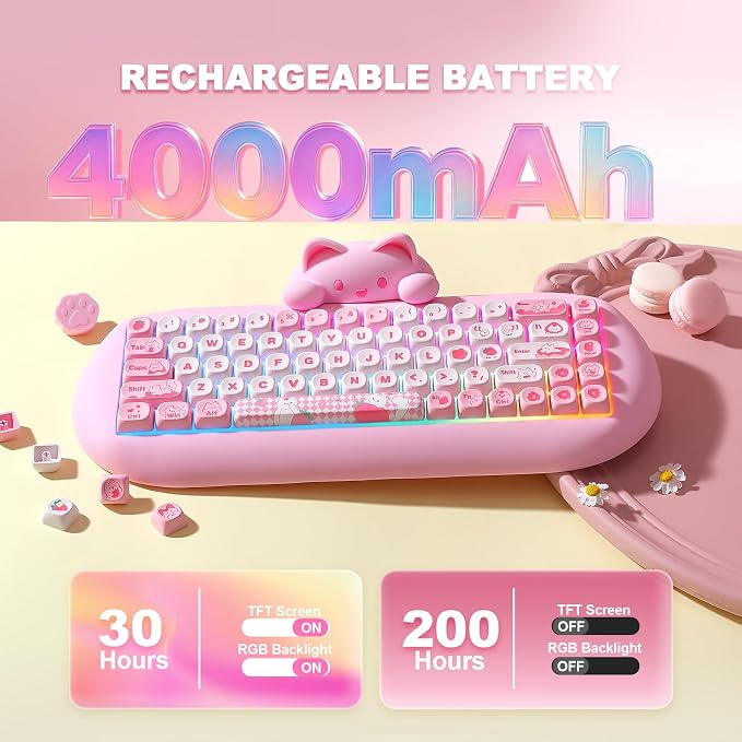 YUNZII C68 Silicone Cute Cat Mechanical Keyboard (Pink, Milk Switch) | Wireless Triple Mode BT5.0/2.4G/Wired, RGB Backlit NKRO, Cute Cat Silicone Ergonomic Design for Win/Mac - Image 8