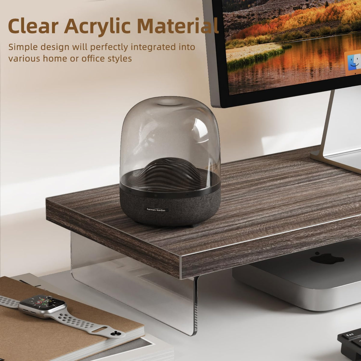 Dual Monitor Stand Riser, 40x10 in Wood & Acrylic Desktop Organizer Shelf - Image 2