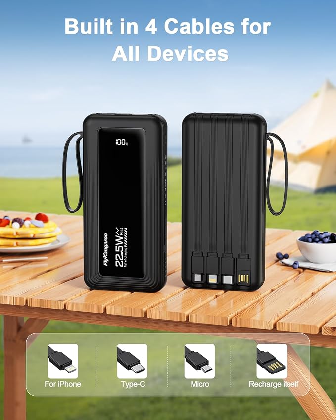 Portable Charger with Built in Cables, Power Bank 10000mAh | Built in 4 Cables, Slim, 22.5W Fast Charging, USB C LED Display, 6 Outputs & 2 Inputs, Flashlight - Image 3