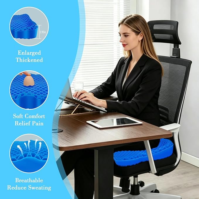 Gel Seat Cushion, Thickened Big Breathable Honeycomb Design Absorbs Pressure Points Gel Cushion with Anti-Slip Cover Seat Cushion for Office Chair Home Car Wheelchair Stadium Bleachers - Image 5