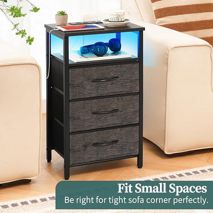 Yoobure Night Stand with Charging Station, 3 Fabric Drawers Nightstand, Bedside Tables with Storage Shelf, End Table with 16 Colors LED, Small Dresser for Small Space, Gray | 16 Colors Bedside Table with 3 Fabric Drawers & Storage Shelf, End Table with... - Image 7