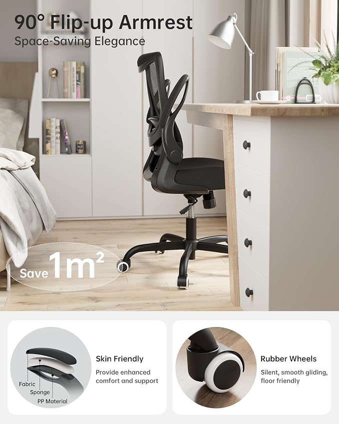 Office Chair, Ergonomic Desk Chair with Adjustable Lumbar Support and Flip up Armrest, Breathable Mesh Computer Chair for Home Office, Black - Image 3
