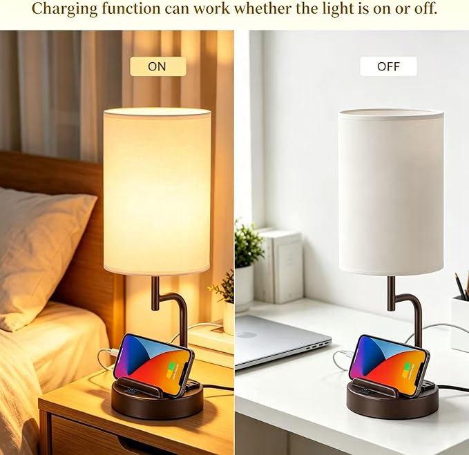Dreamholder 2 Pack Table Lamp, Bedside Lamp with 3 USB Charging Ports & AC Outlet, USB Desk Lamp with 2 Phone Holders, Linen Fabric Shade Nightstand Lamps for Bedroom Living Room Office, Dark Brown - Image 5