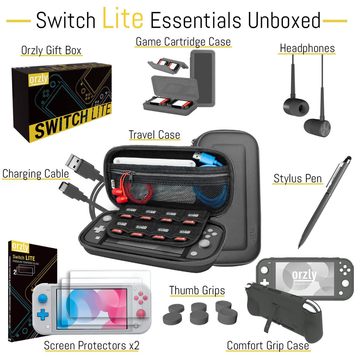 Orzly Switch Lite Accessories Bundle - Case & Screen Protector for Nintendo Switch Lite Console, USB Cable, Games Holder, Comfort Grip Case, Headphones, Thumb-Grip Pack & more (Orzly Gift Pack - Grey) - Image 3