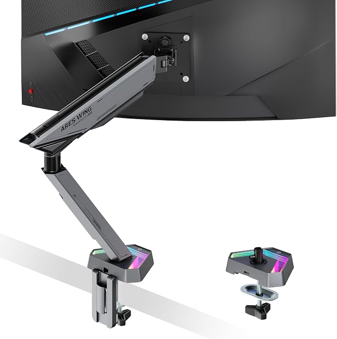 ARES WING RGB Single Monitor Arm Desk Mount for 17-45 inch Monitors, Gray | Monitor Arm Desk Mount Holds 35.2 lbs Heavy Duty, Adjustable Ultrawide Monitor Arm with Clamp & Grommet Base, 75/100 VESA by ARESWING