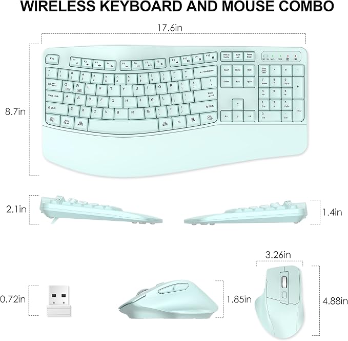 Wireless Keyboard and Mouse Combo, 2.4G Ergonomic Wave Key(Mint Green) | Full Size Wave Keyboard with Wrist Rest, 3-Level DPI Adjustable Ergonomic Mouse for Windows and Mac OS Desktop/Laptop/PC - Image 8