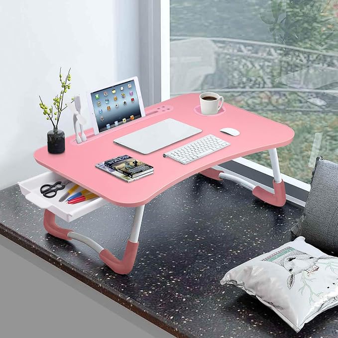 Slendor Bed Desk for Laptop and Writing with Storage, Cup Holder, Light | Fan, Pen Holder,Tablet Holder,Foldable, for Bed, Couch, Floor, Portable,Pink - Image 2