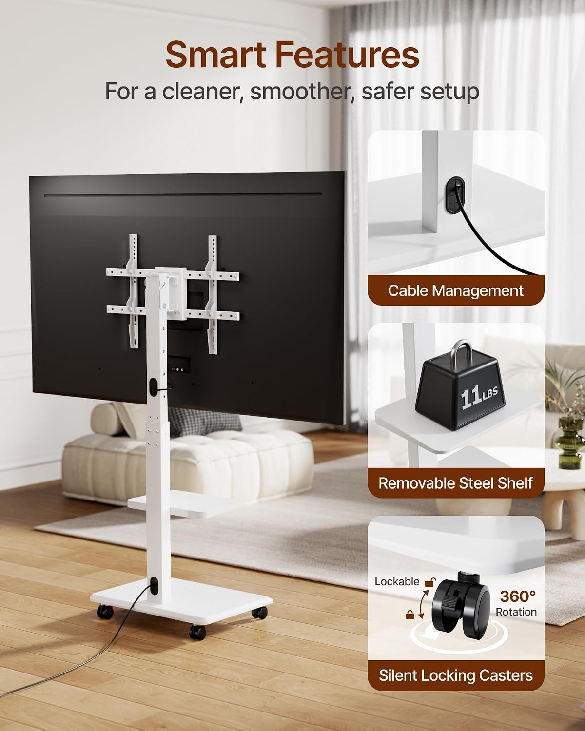 Steel Base Rolling TV Stand for 37-90 inch TVs up to 132 lbs, White - Image 4