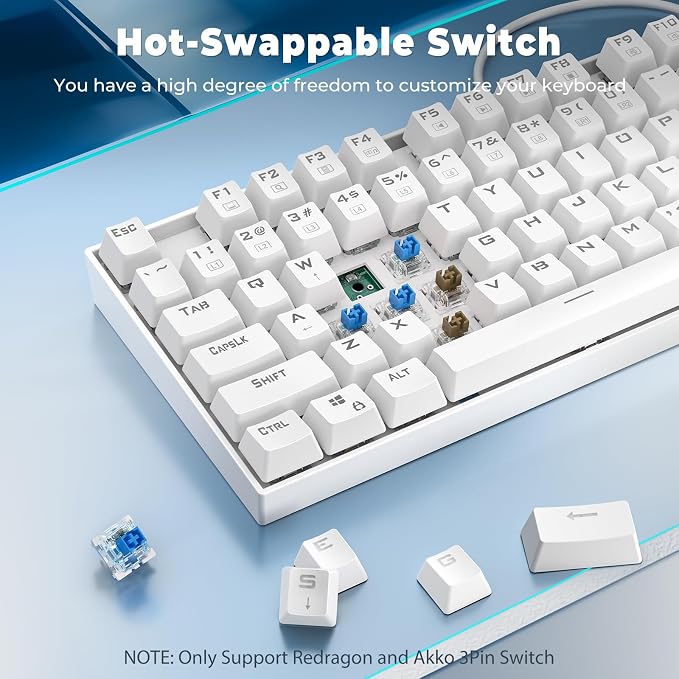 Redragon K552P Mechanical Gaming Keyboard TKL with 18 Backlight Modes, Hot-Swappable Blue Switches, 87-Key Compact Ergonomic Design, N-Key Rollover & Software Programmable Macro - RGB, White - Image 3